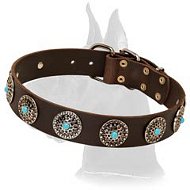 Leather Collar with Silver Plated Circles and Blue Stones Leather Collar with Silver Plated Circles and Blue Stones