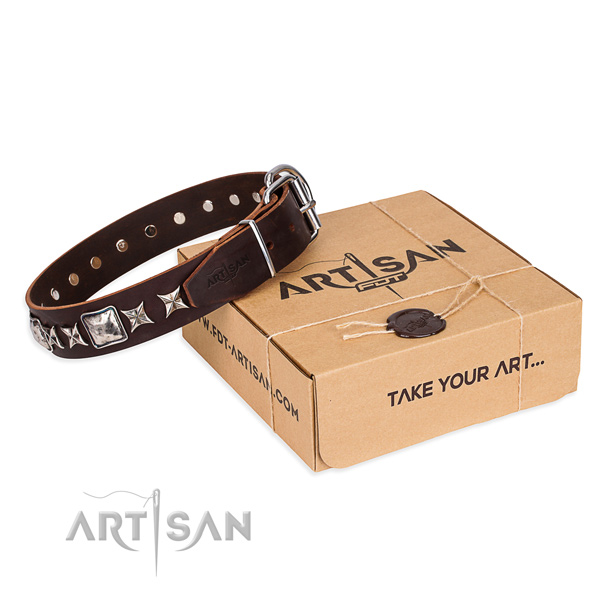 Decorated full grain genuine leather dog collar for handy use
