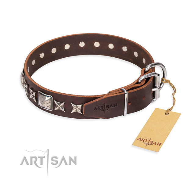 Everyday walking full grain genuine leather collar with embellishments for your four-legged friend