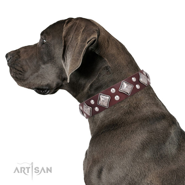 Easy wearing embellished dog collar made of top rate genuine leather
