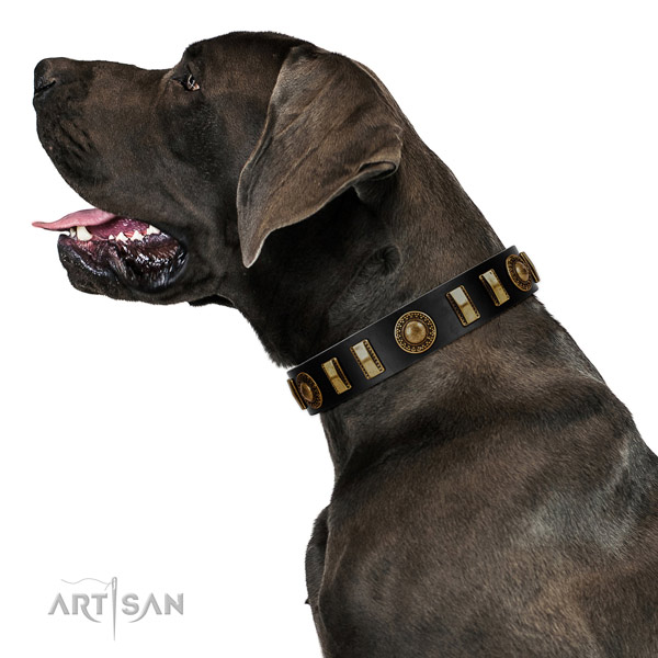 Durable natural leather dog collar with durable buckle