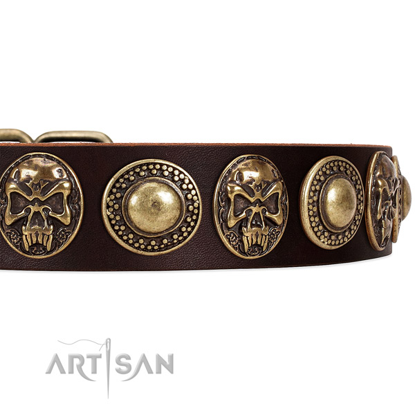 Full grain leather dog collar with adornments for easy wearing
