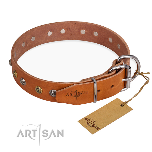 Genuine leather dog collar with top notch rust-proof adornments