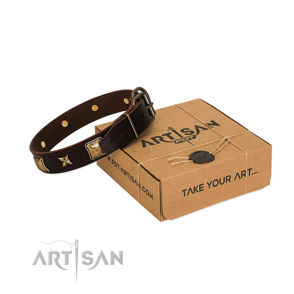 Studded natural genuine leather collar for your handsome canine