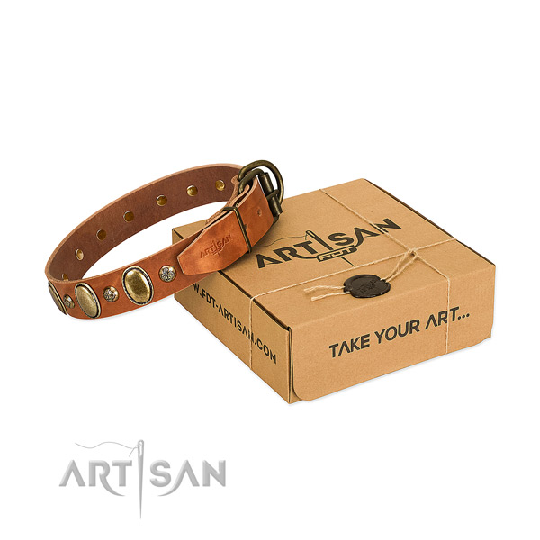 Stylish design full grain genuine leather dog collar with corrosion proof hardware
