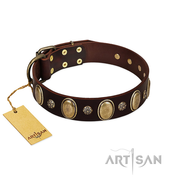 Comfortable wearing quality full grain natural leather dog collar with studs