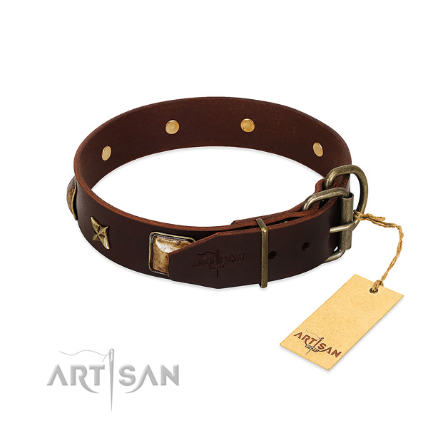 Natural genuine leather dog collar with strong D-ring and studs