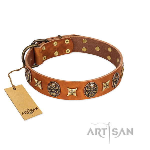 Convenient natural genuine leather collar for your doggie