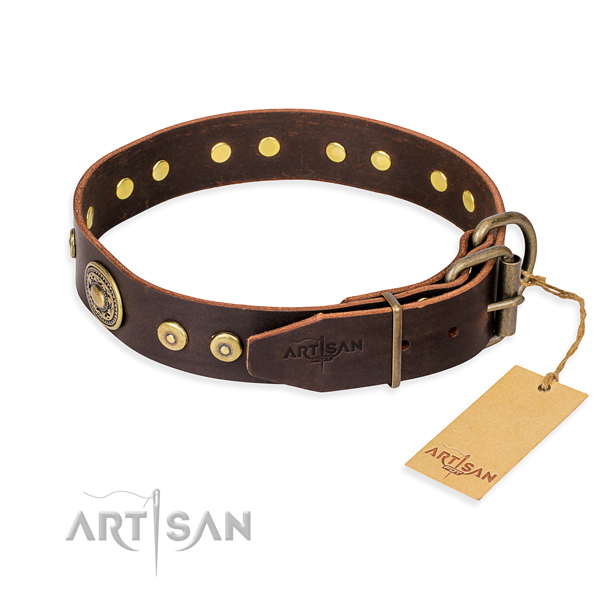 Full grain genuine leather dog collar made of reliable material with strong decorations