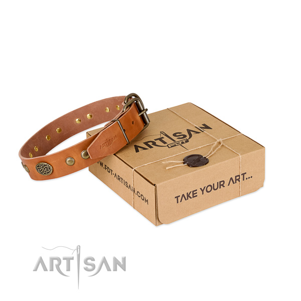 Rust-proof D-ring on genuine leather dog collar for your pet
