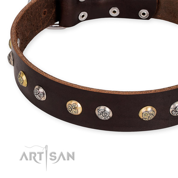 Natural genuine leather dog collar with designer rust-proof embellishments