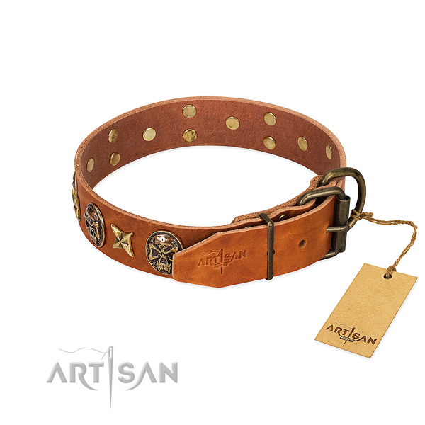 Genuine leather dog collar with corrosion proof fittings and decorations