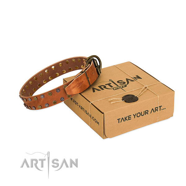 Comfy wearing top rate full grain genuine leather dog collar with decorations